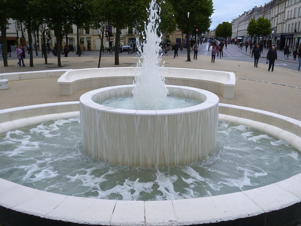 Circular Fountain in Vibrant Urban Public Square