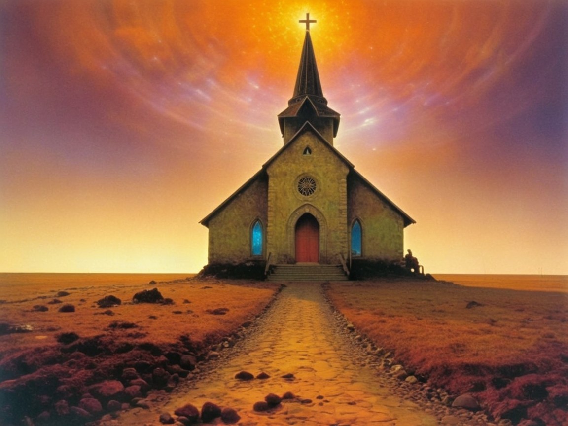 Weathered Church Building Under Vibrant Sunset Sky
