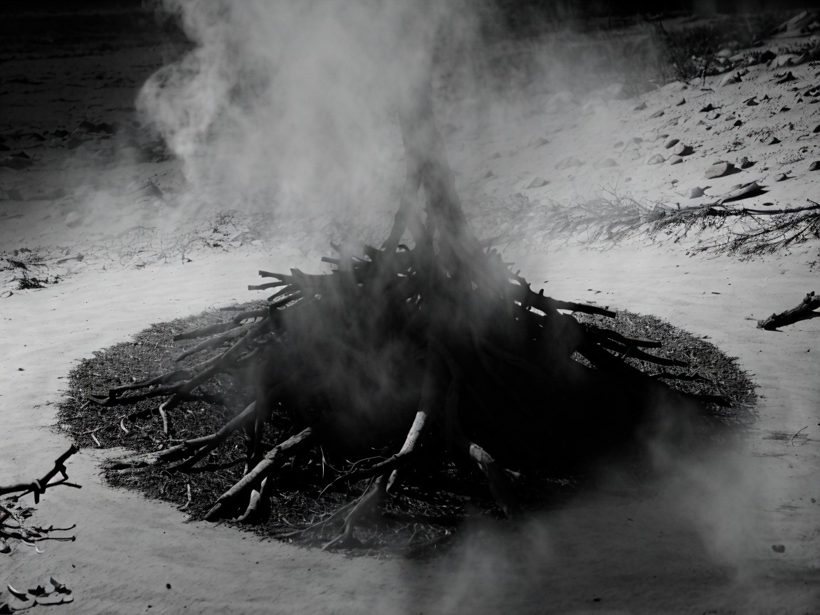 Campfire Structure in a Barren, Monochrome Landscape