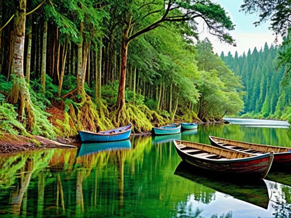 Tranquil River Landscape with Colorful Boats and Trees