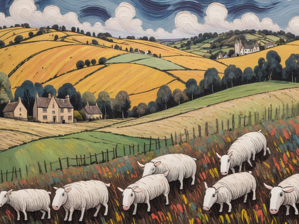 Vibrant Countryside Scene with Hills and Sheep