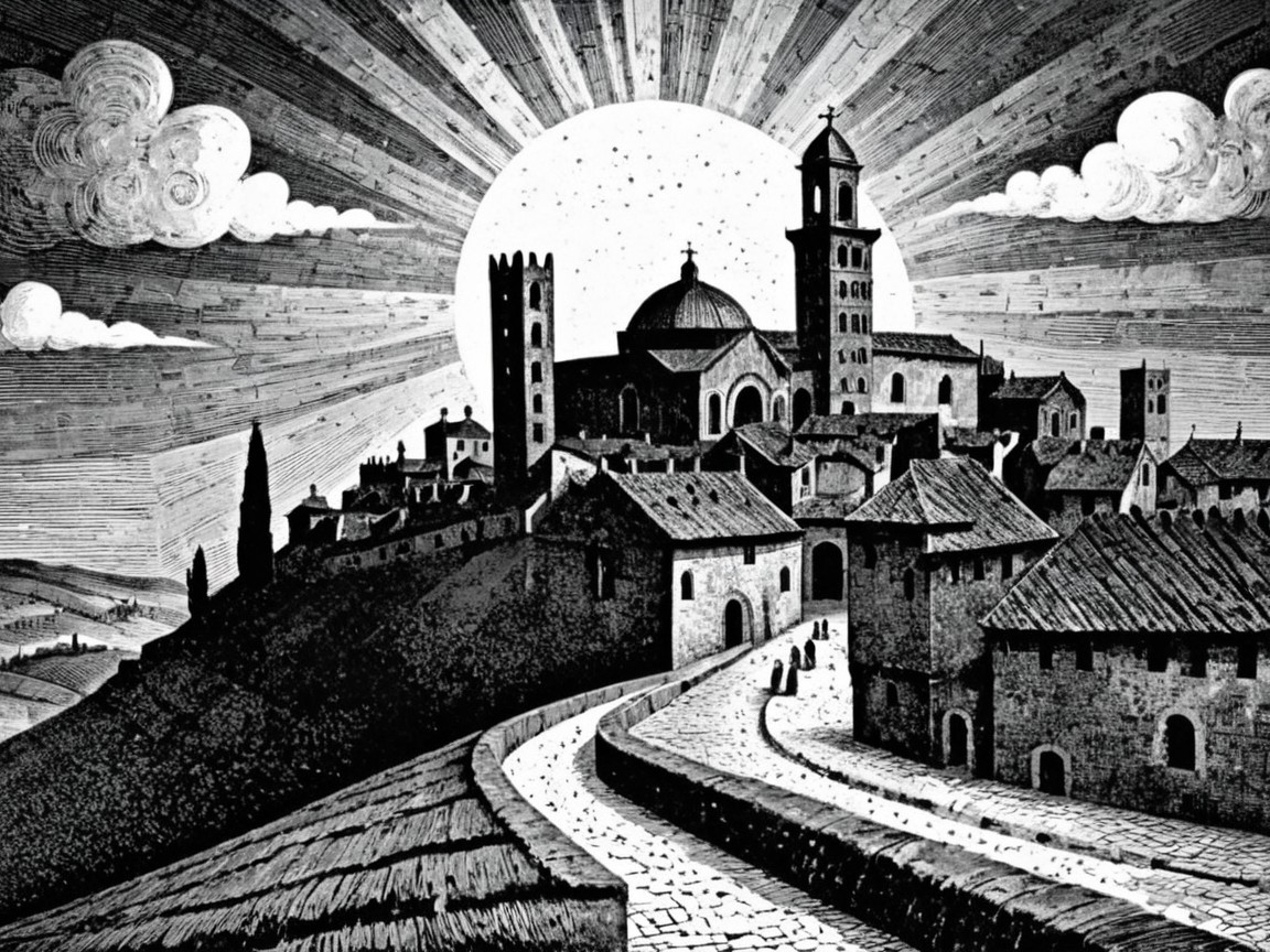 Monochromatic Illustration of a Village on a Hill
