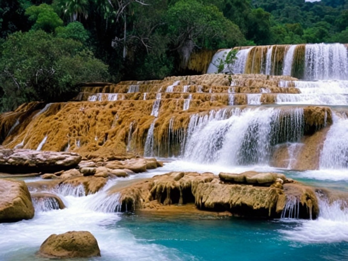 Cascading Waterfalls in a Lush Green Landscape