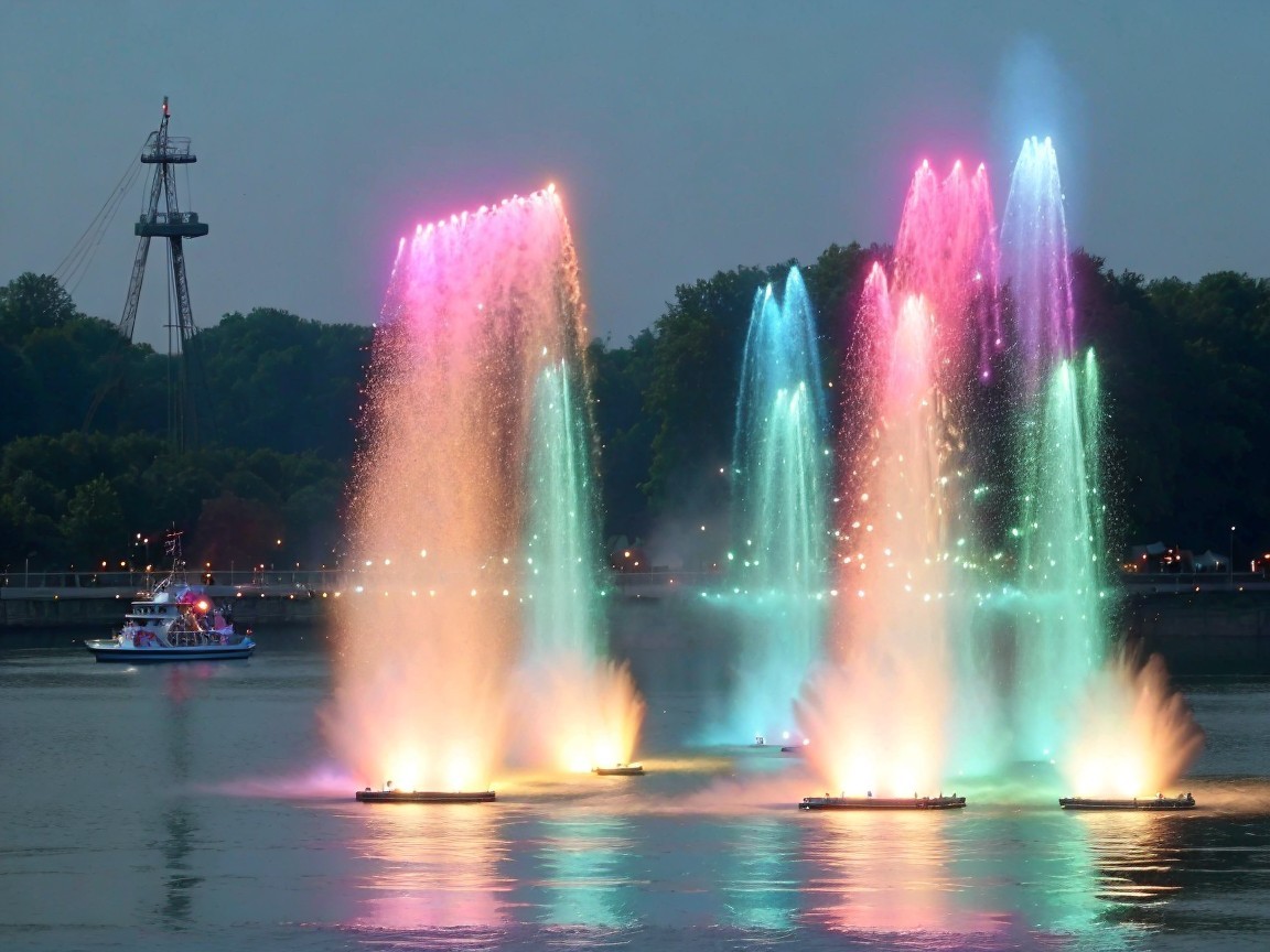 Illuminated Water Fountains in Serene Dusk Setting