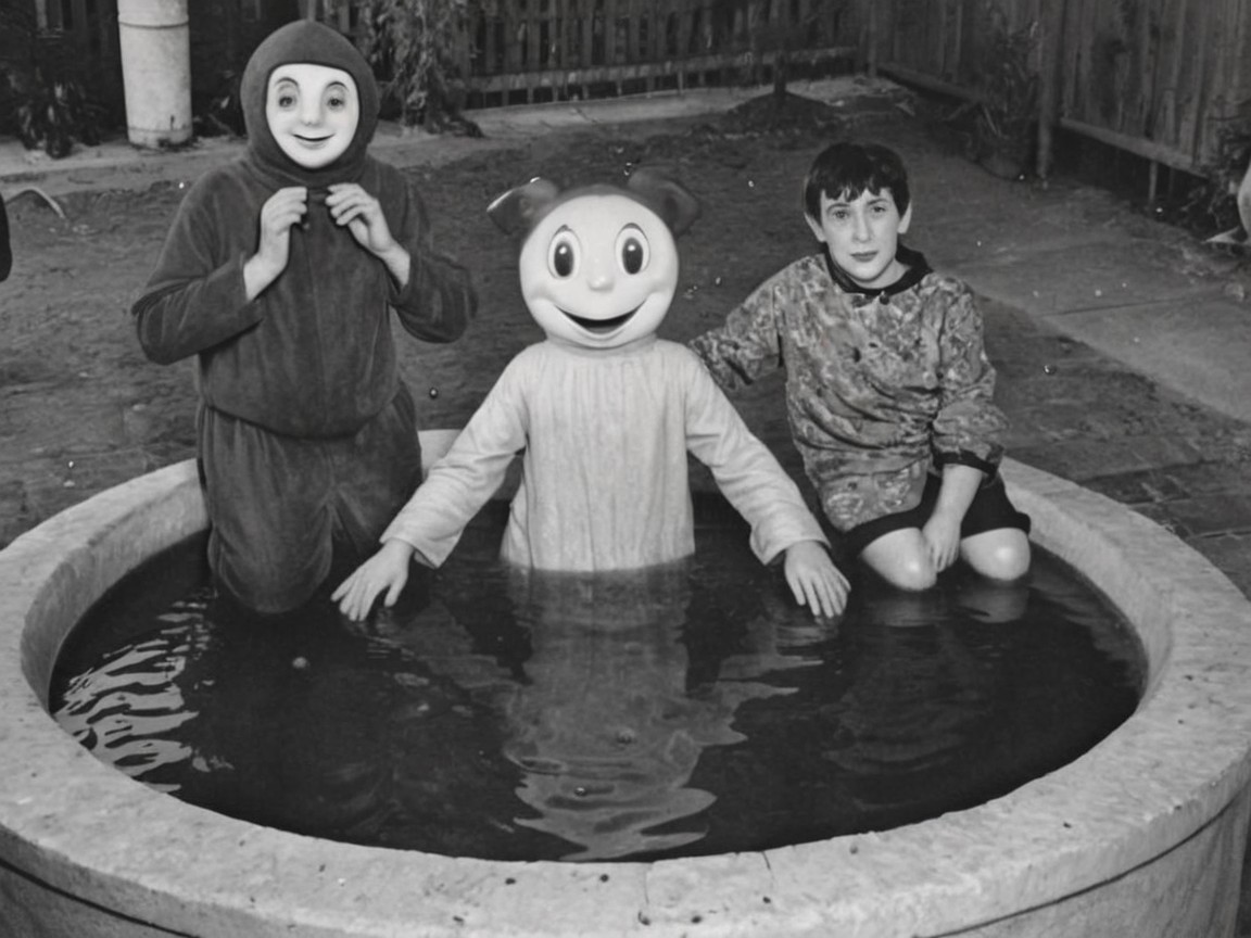Individuals in a stone basin with whimsical masks