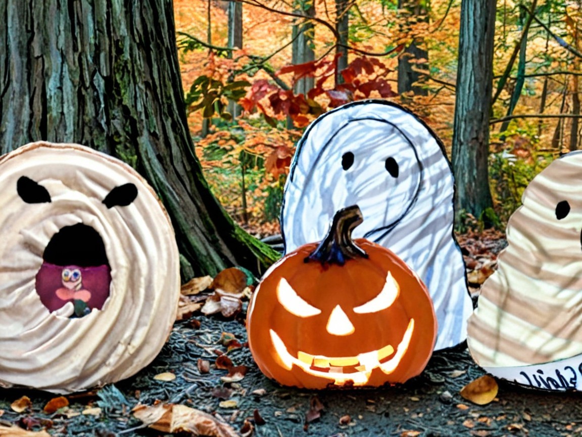 Colorful Halloween Decorations in Autumn Forest Setting