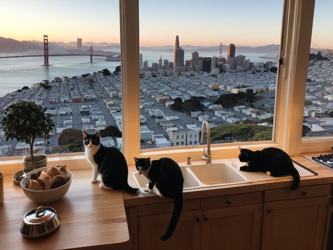 Cozy Kitchen with Cats and Golden Gate View