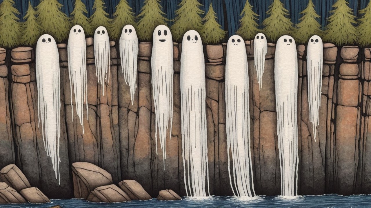 Whimsical Ghostly Figures on Rocky Cliff Overlooking Water