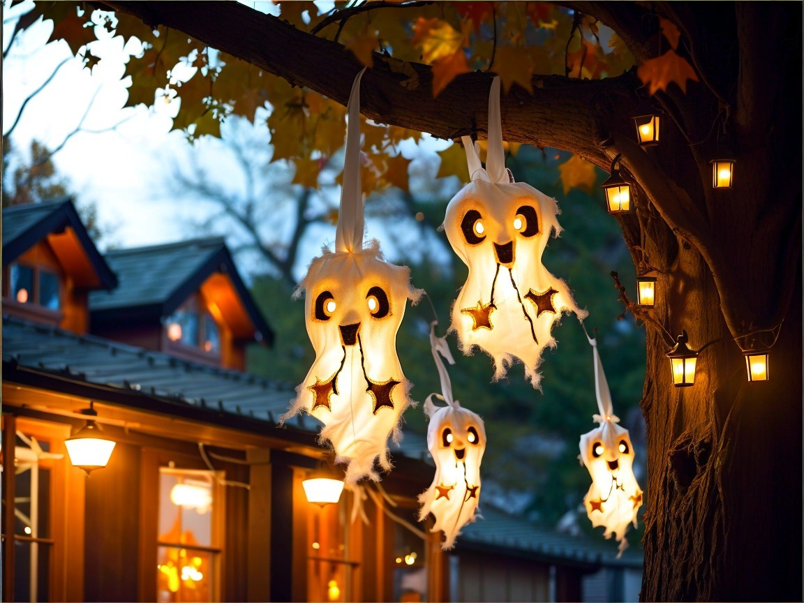Autumn Tree with Colorful Leaves and Ghost Lanterns