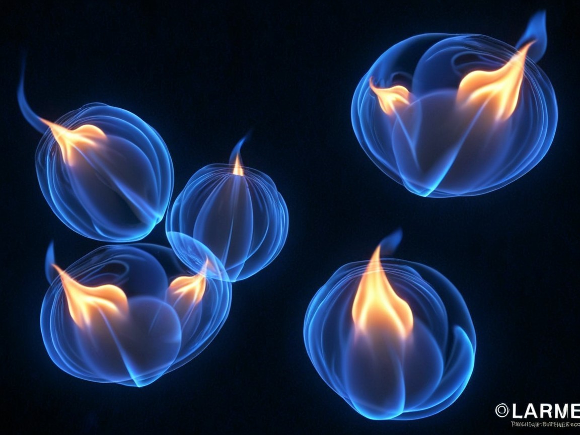 Luminous Spherical Shapes with Blue Glow and Flames