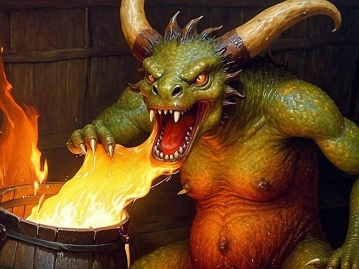 Dragon-like creature with green scales and flames