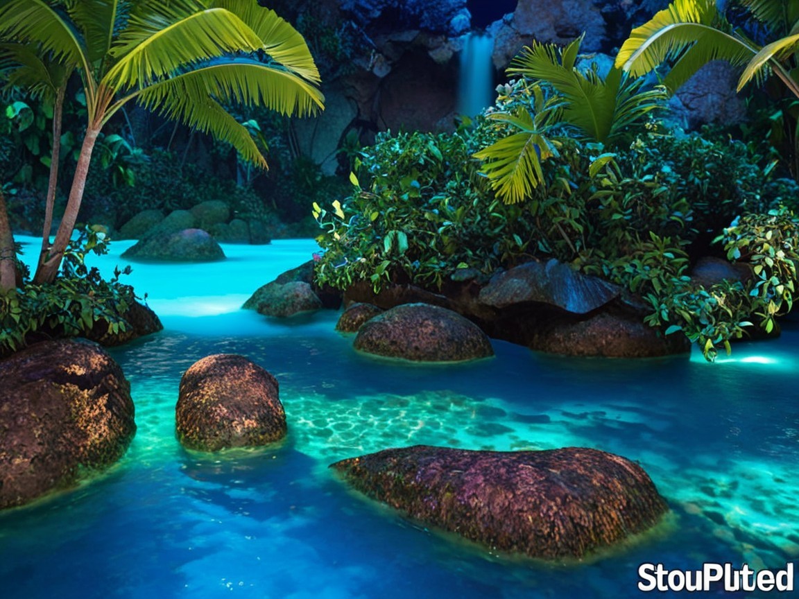 Tropical Lagoon Scene with Waterfall and Palm Trees