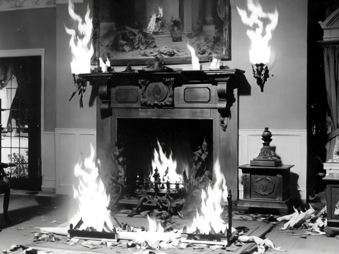 Living Room Scene with Flames and Classic Furnishings