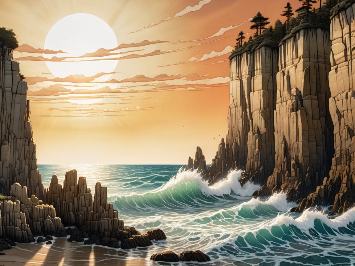 Coastal Sunset with Cliffs and Waves Overview