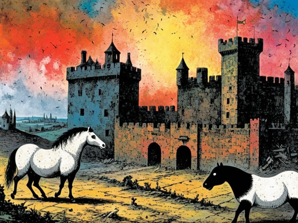 Horses by Medieval Castle at Fiery Sunset Landscape