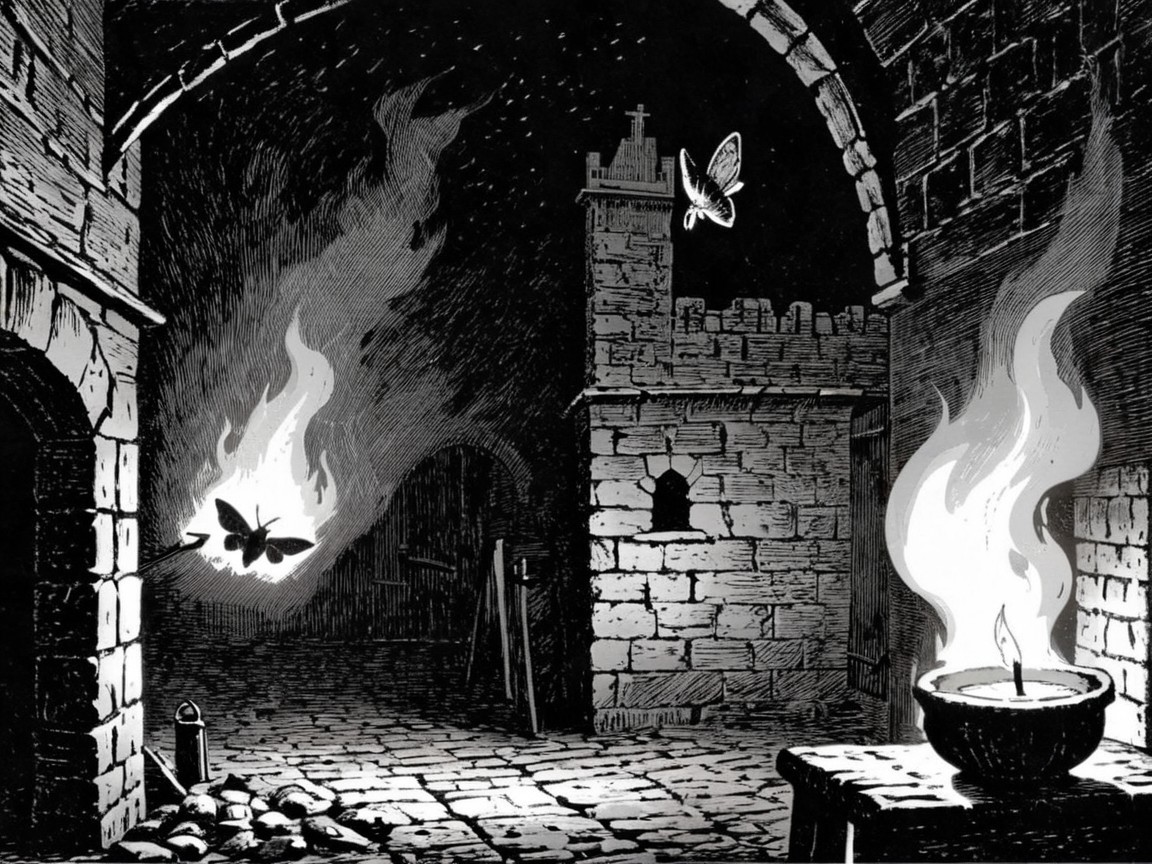 Medieval Stone Chamber with Candle and Butterflies