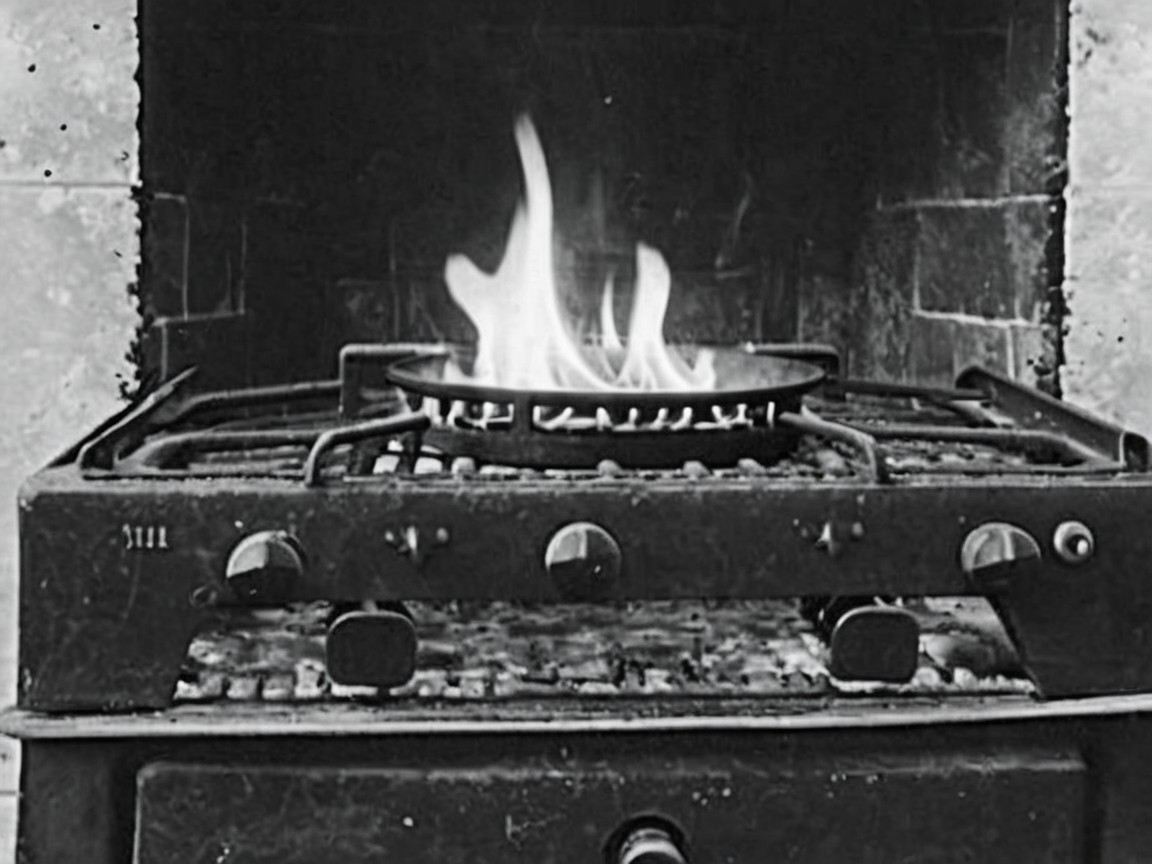 Vintage gas stove with cast iron pan and flames