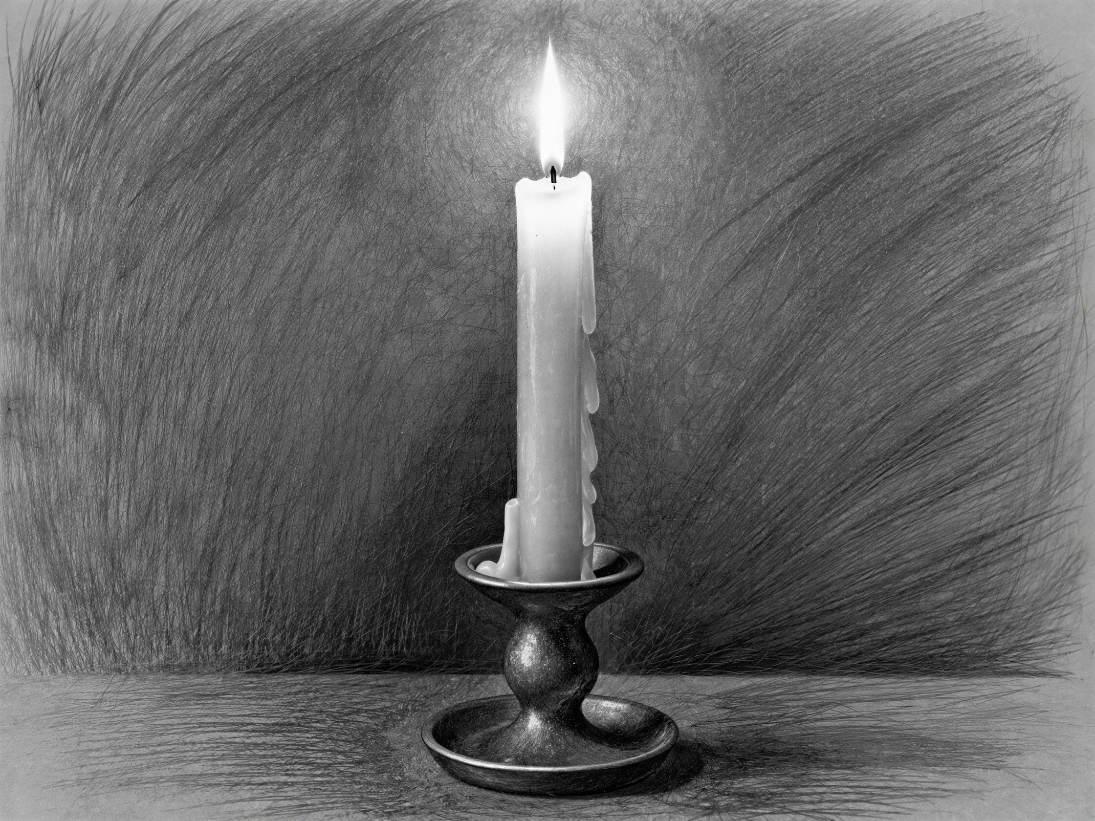 Black and white pencil drawing of a candle and holder