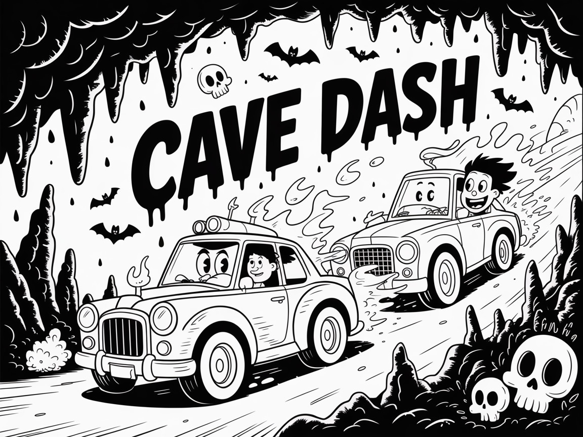 Playful Cartoon Scene of Cars Racing in a Cave