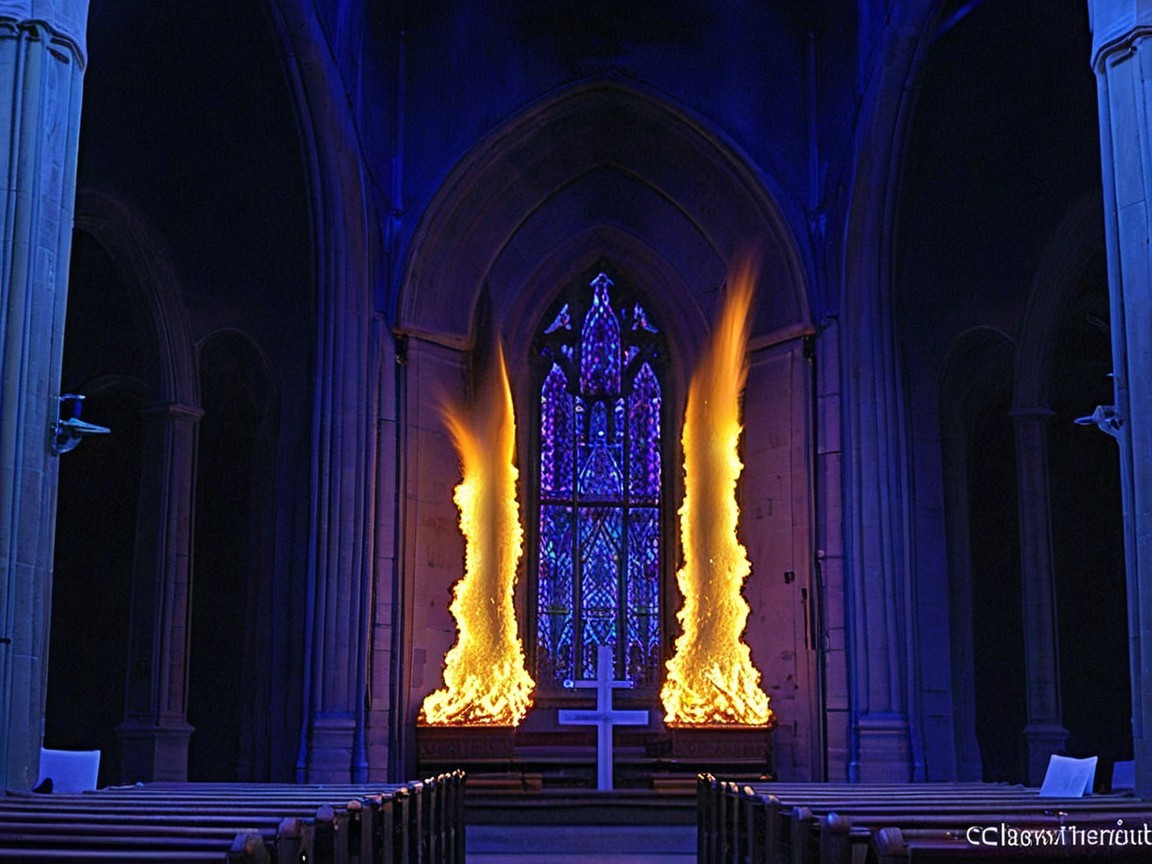 Gothic Church Interior with Stained Glass and Flames