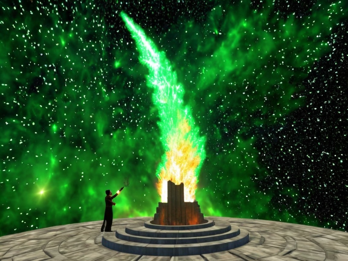 Figure Casting Spell on Fiery Structure in Cosmic Scene