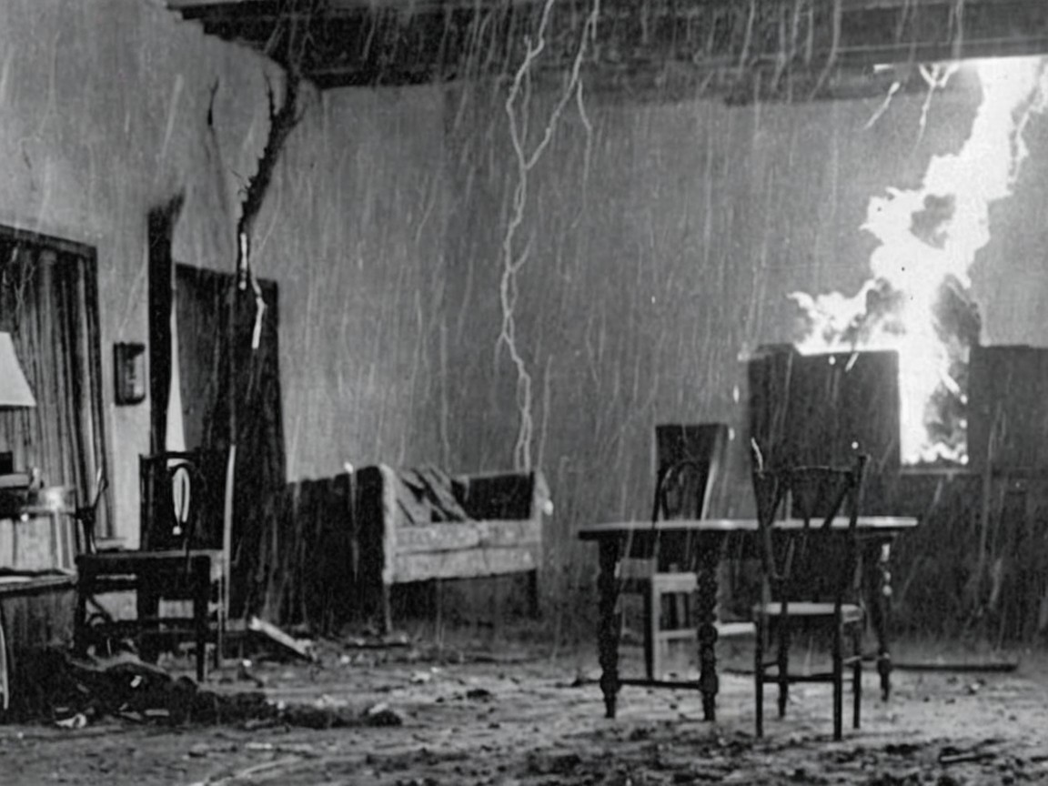 Abandoned Room with Debris and Raging Fire