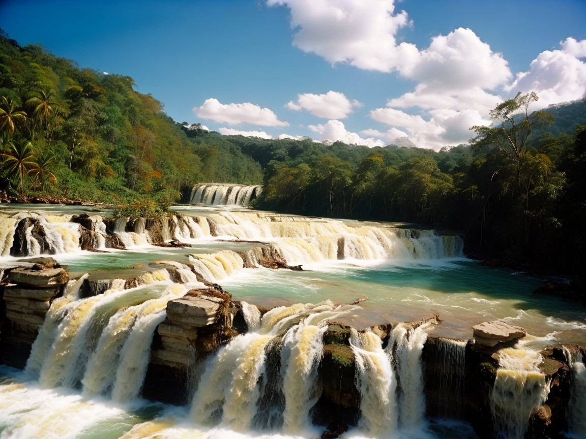 Cascading Waterfall with Turquoise Pool and Lush Greenery