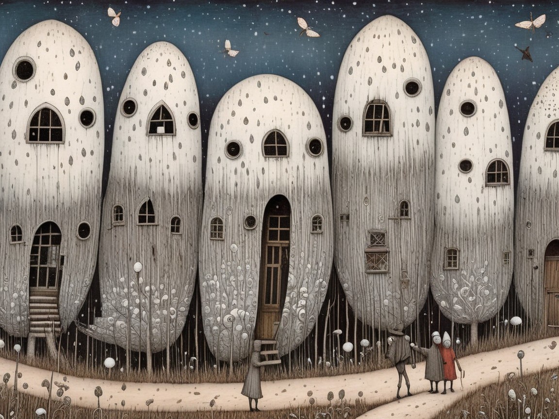 Whimsical Landscape with Mushroom Houses and Starry Sky