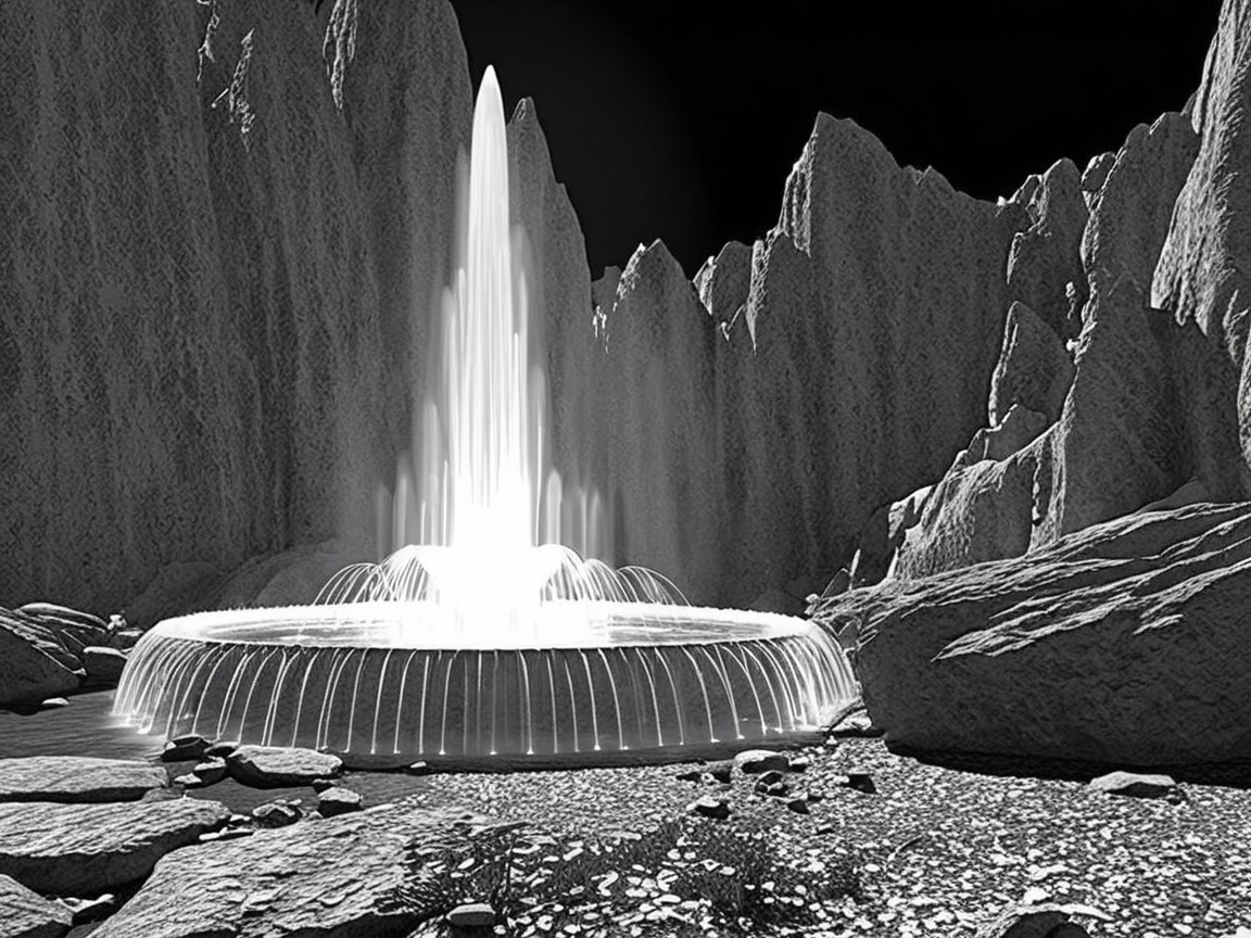 Black-and-white landscape with grand fountain and cliffs