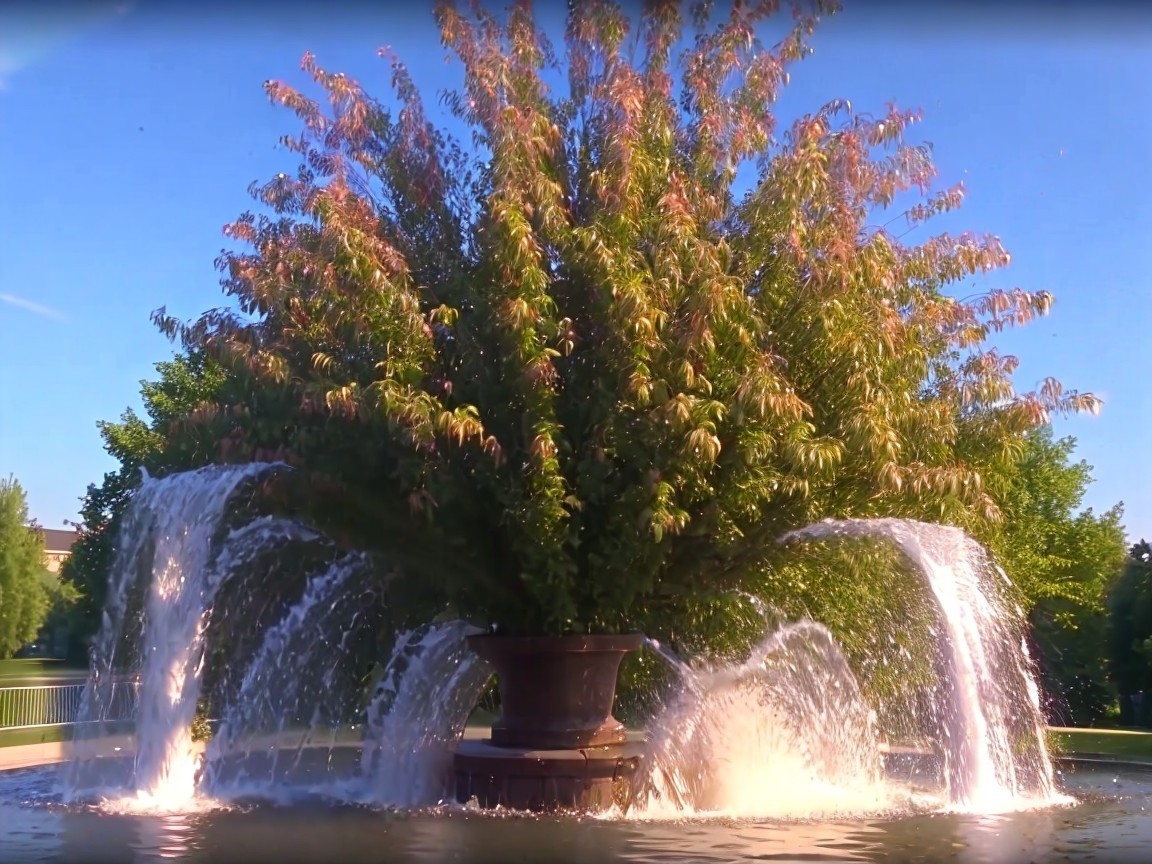 Grand Fountain with Tree and Cascading Water in Park