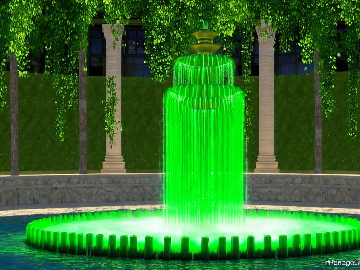 Cascading Green Water Fountain in Serene Garden Setting