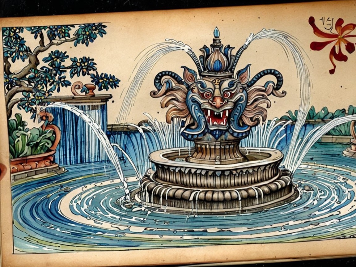 Vibrant fountain with stylized creature's head and water