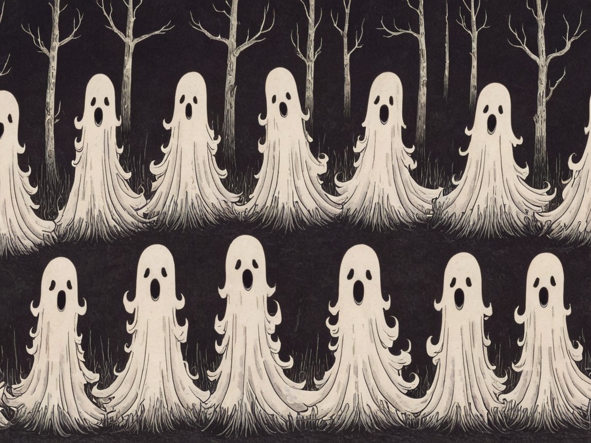 Whimsical Ghostly Figures in a Dark, Eerie Setting