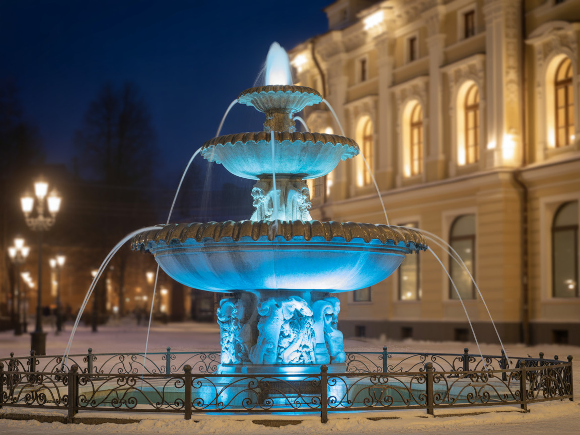 Illuminated Fountain with Tiered Bowls in Snowy Setting