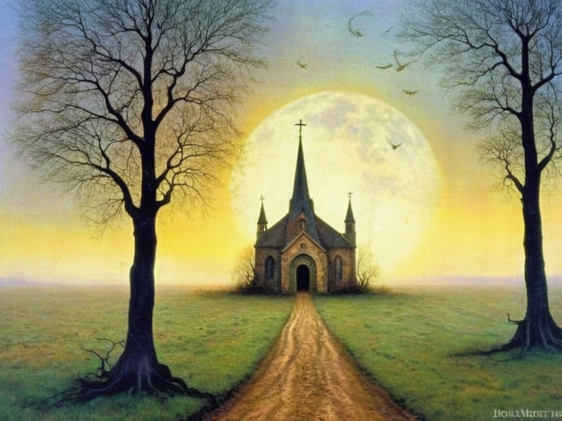 Pathway to Stone Church Under Full Moon Atmosphere