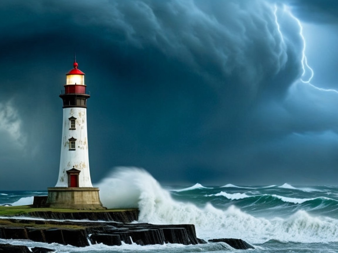 Dramatic Lighthouse on Rocky Shore Amidst Stormy Waves