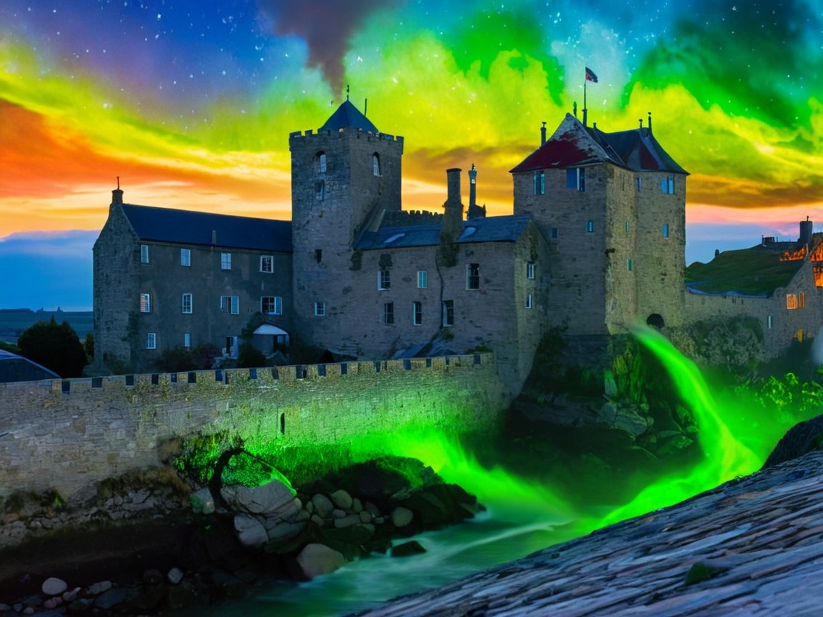 Majestic Castle by the Sea Under Northern Lights