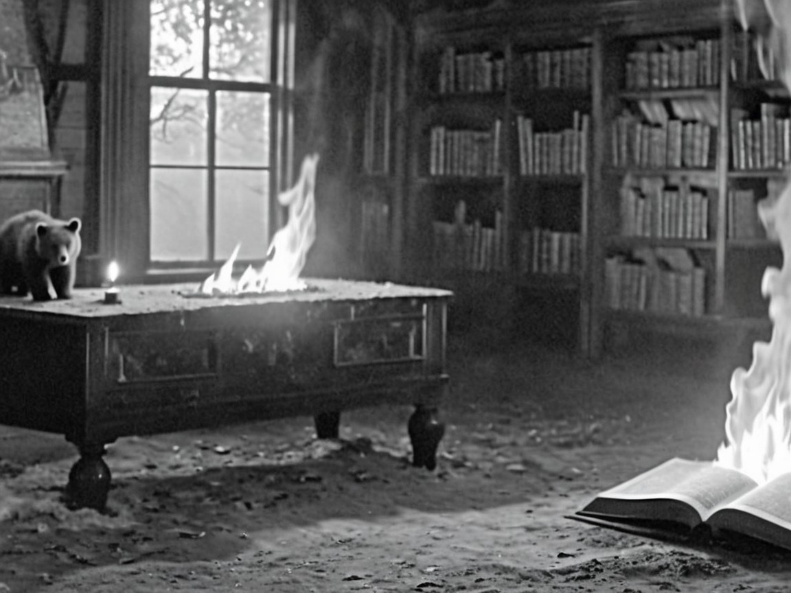 Cozy Eerie Room with Black Bear and Flickering Candle