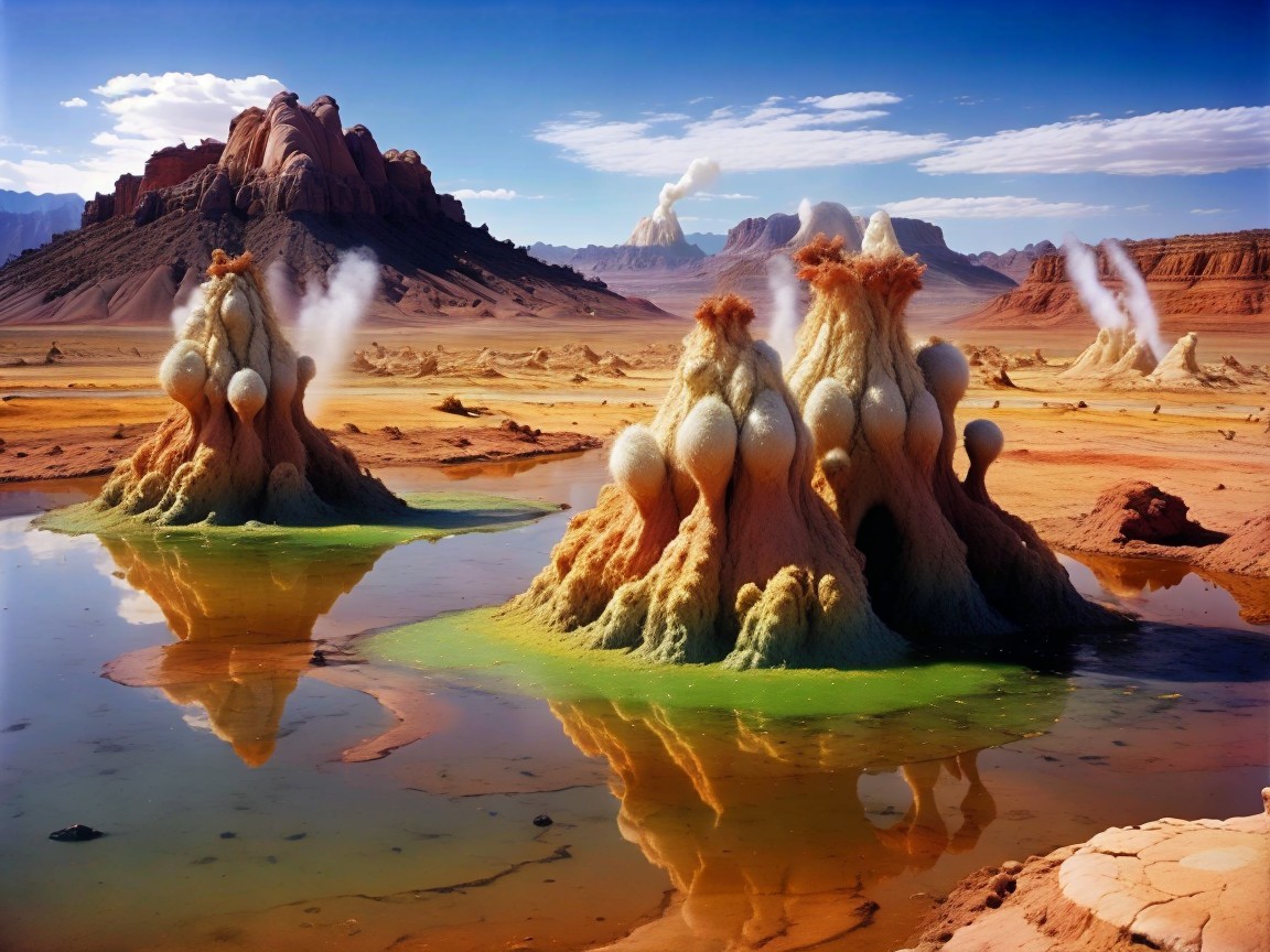 Otherworldly Landscape with Dramatic Formations and Water