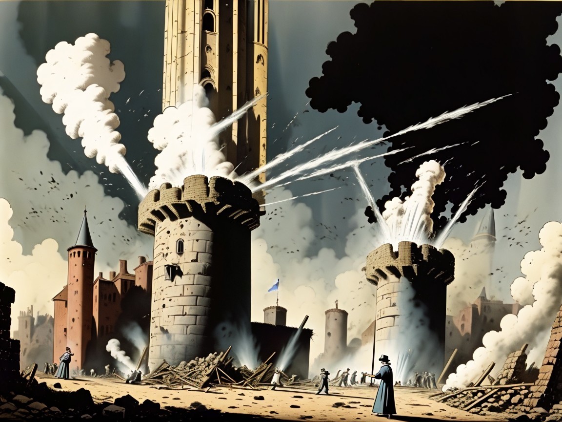 Dramatic Battle Scene at a Medieval Fortress