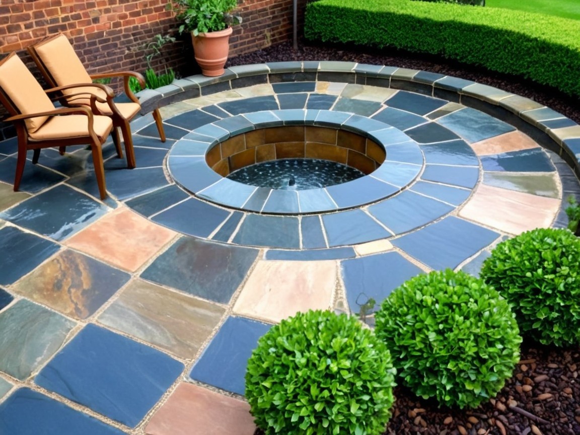 Circular Stone Hot Tub in a Colorful Outdoor Space