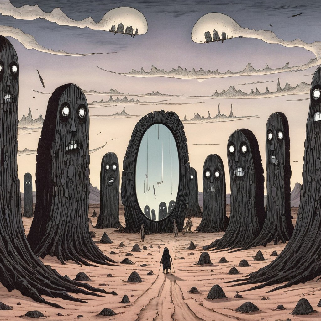 Surreal Landscape with Blackened Trees and Mirror