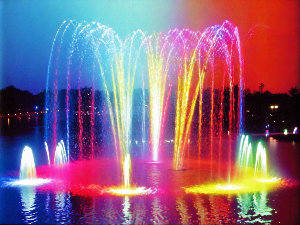 Vibrant Fountain Display in Serene Nighttime Setting