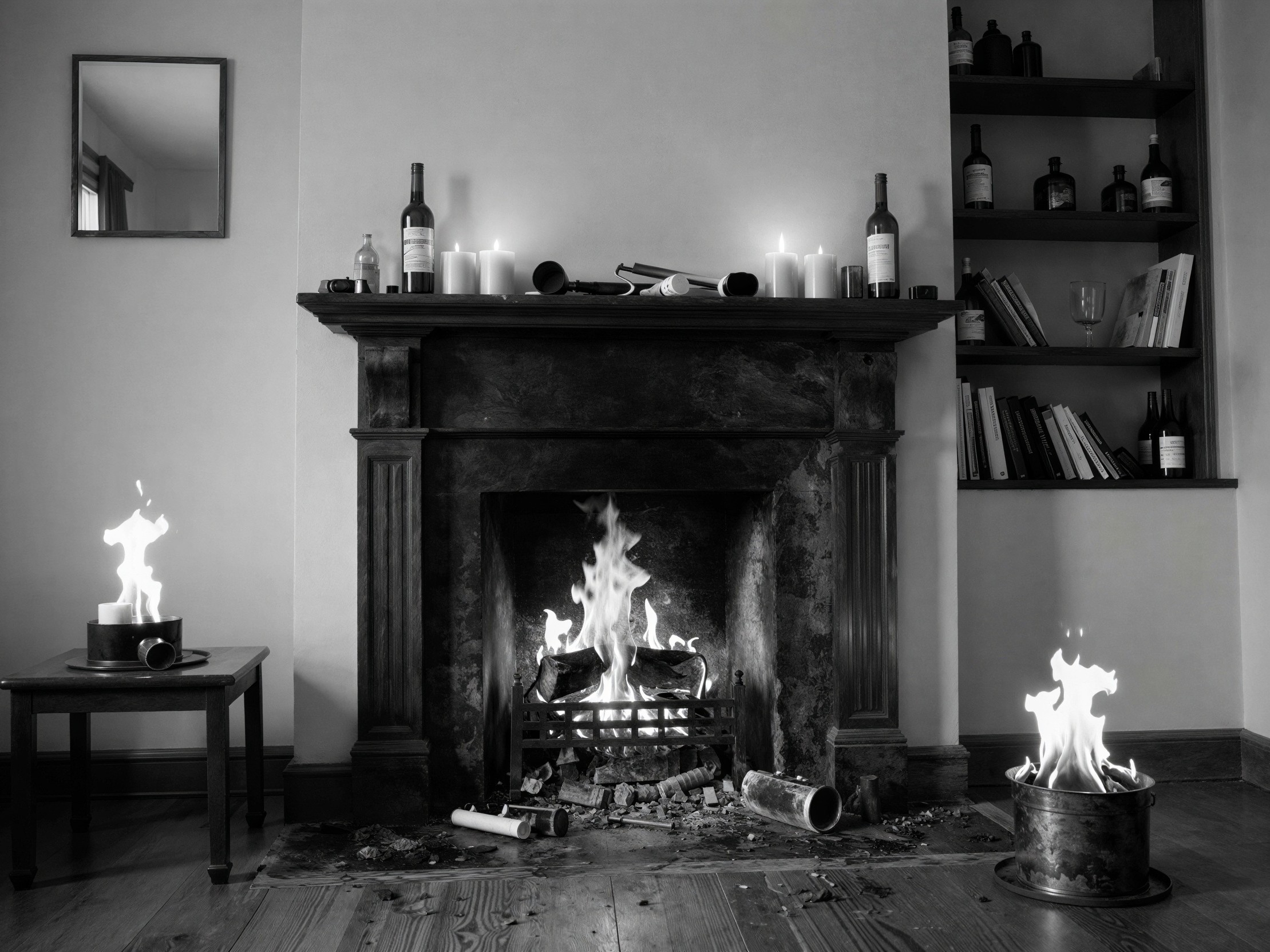 Indoor Living Room with Fireplace and Bookshelf