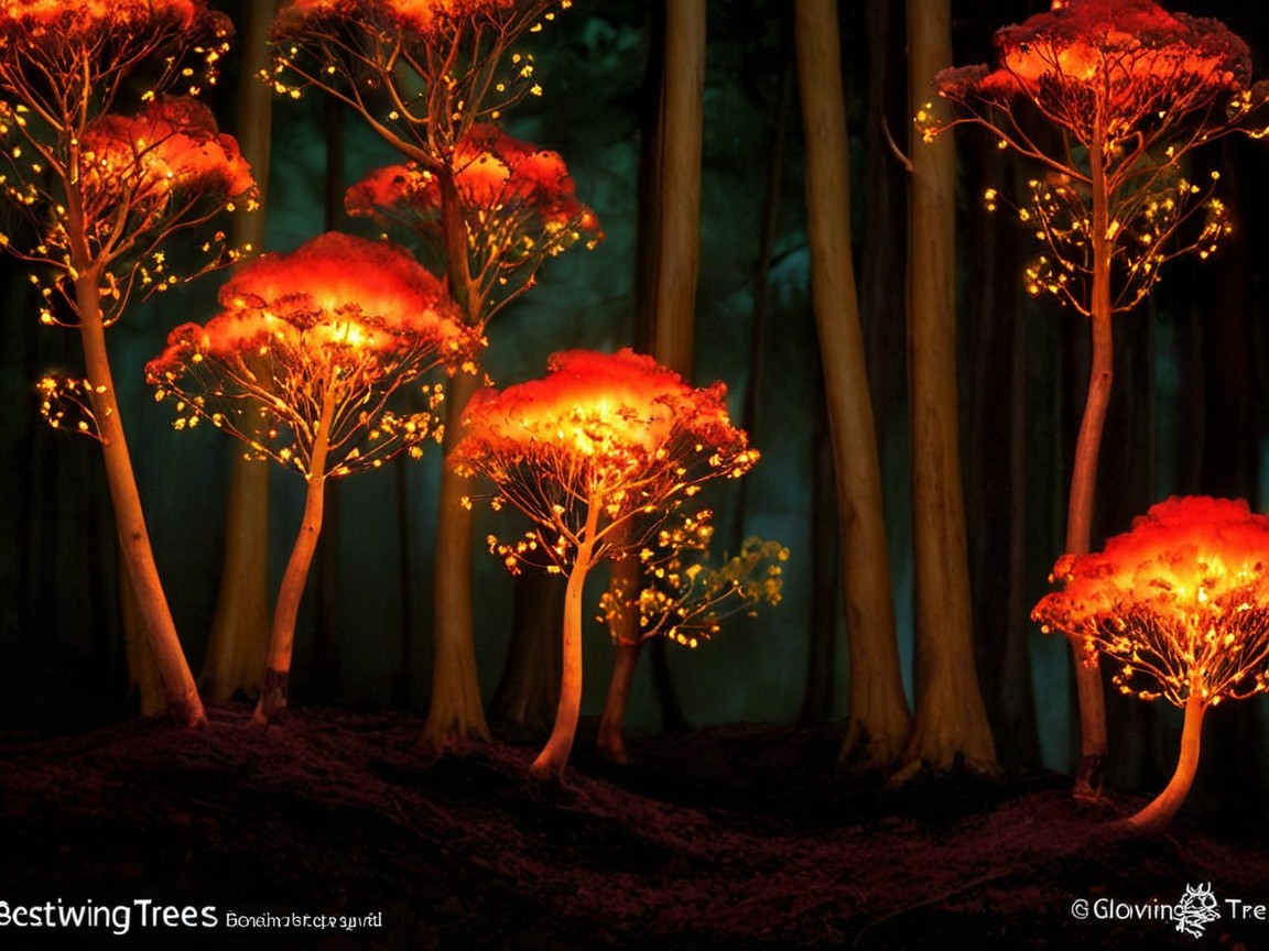 Mystical forest scene with glowing orange trees