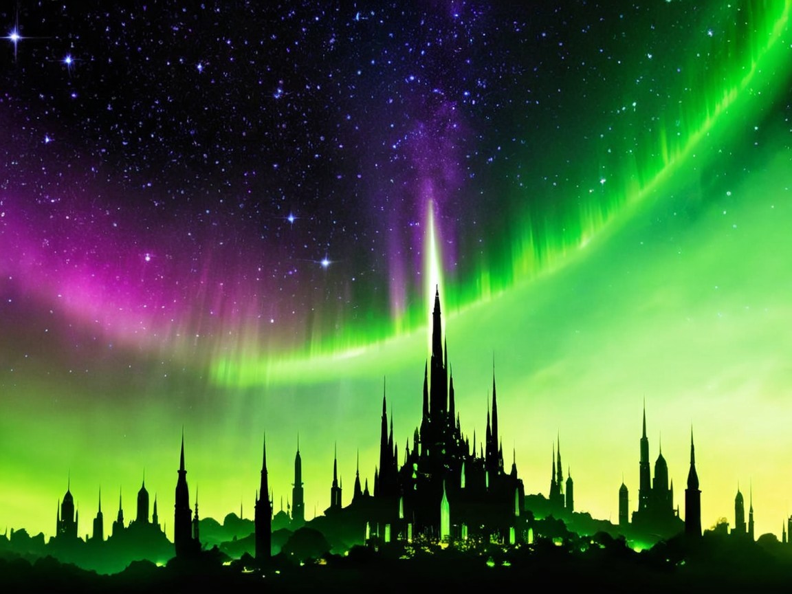 Castle Silhouette Under Aurora Borealis Night Sky