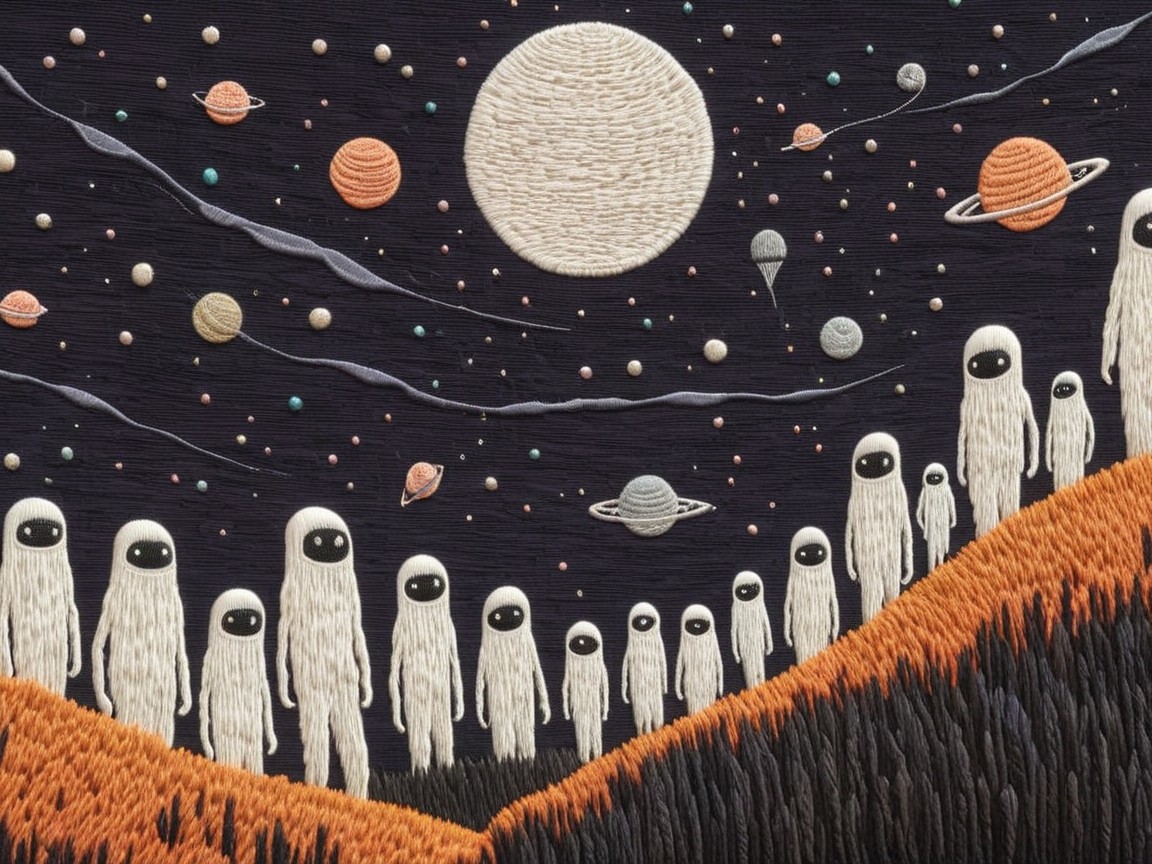 Embroidered Night Sky with Whimsical Figures and Moon