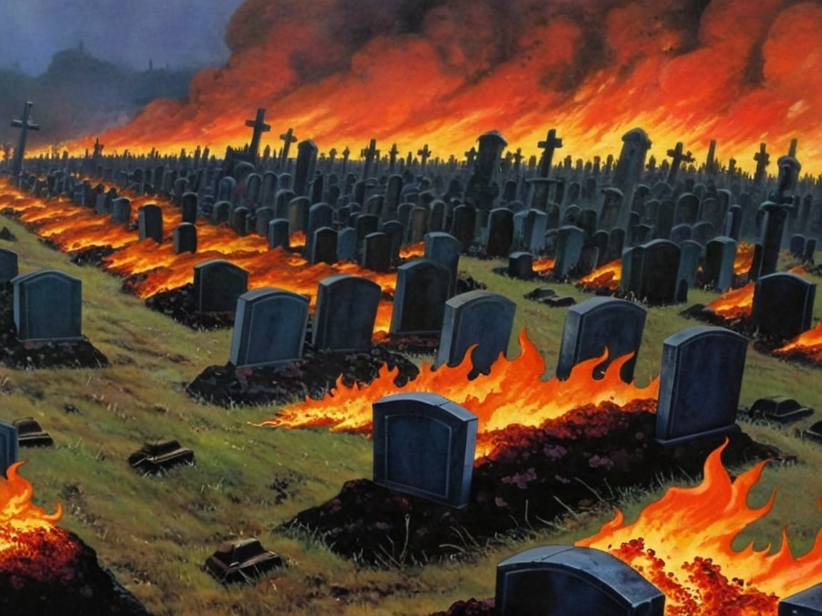 Fiery Graveyard Scene with Flames and Shadows