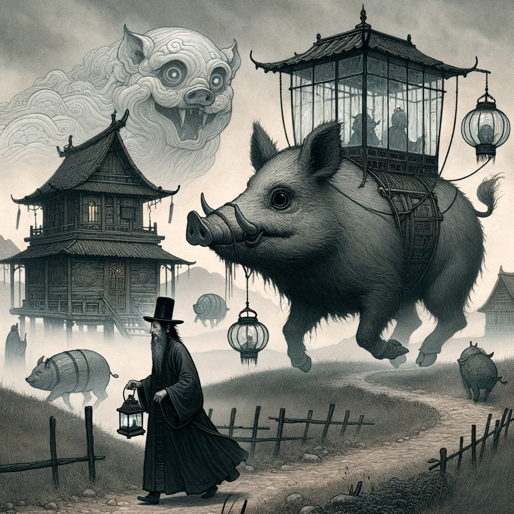 Whimsical Scene of Pig Cart and Asian Architecture