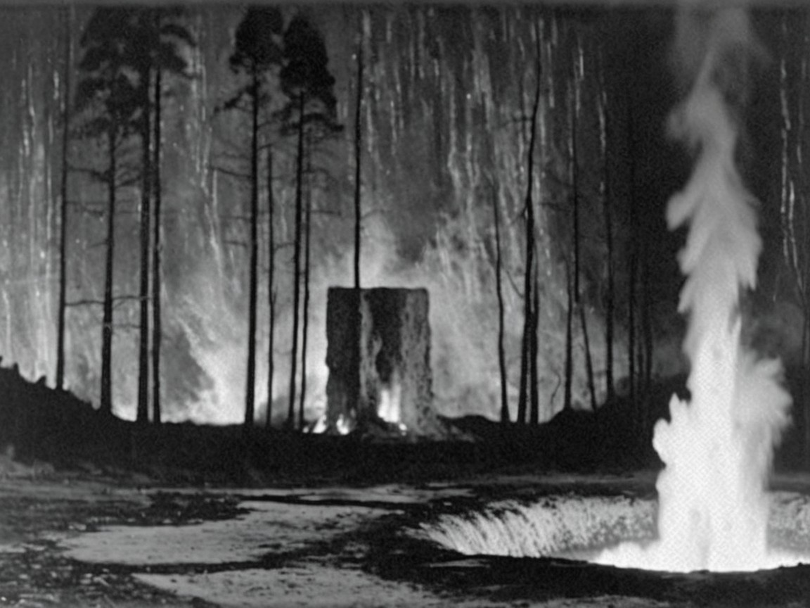 Nighttime Forest Fire with Steam Vent Contrast
